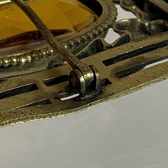 Antique Art Nouveau Brass Sash Pin Amber Glass Stone Open C Clasp 1910s Brooch - Picture 9 of 13